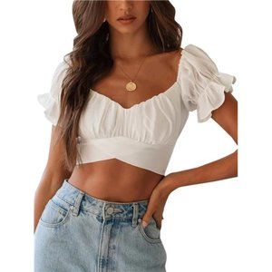 Women's Ruffle Short Sleeve Tie Up Back Crop Top Off Shoulder Bardot Blouse